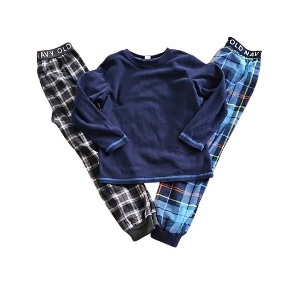 Old Navy Boys Fleece Pajama Set Plaid Sleepwear 3-Piece Navy Blue Size M 8